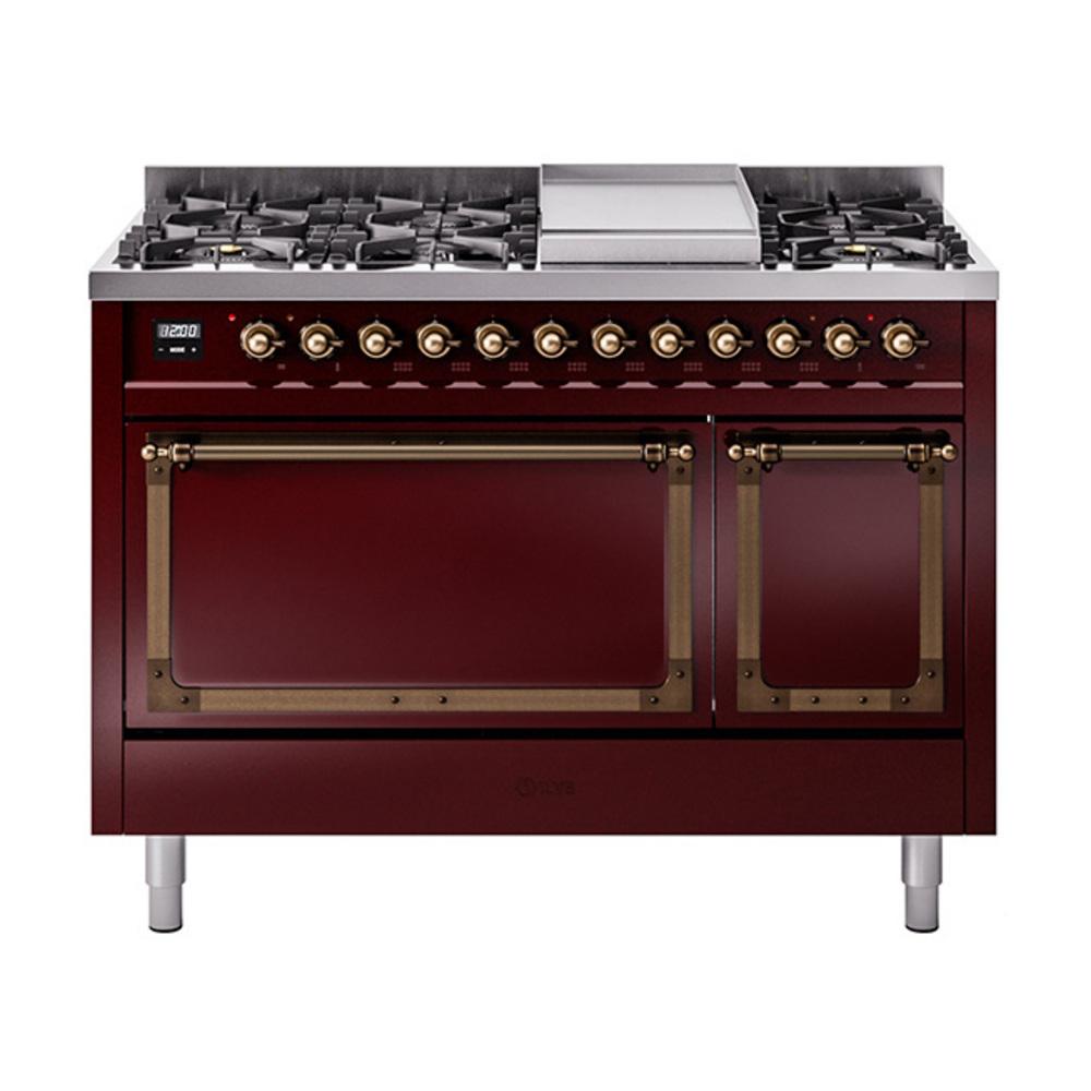 Ilve UN48FQNMPBUB Ilve Un48Fqnmpbub Nostalgie Ii Noblesse 48" Dual Fuel Range (8 Sealed Burners + Griddle, Natural Gas, Solid Door, Burgundy, Burnished)