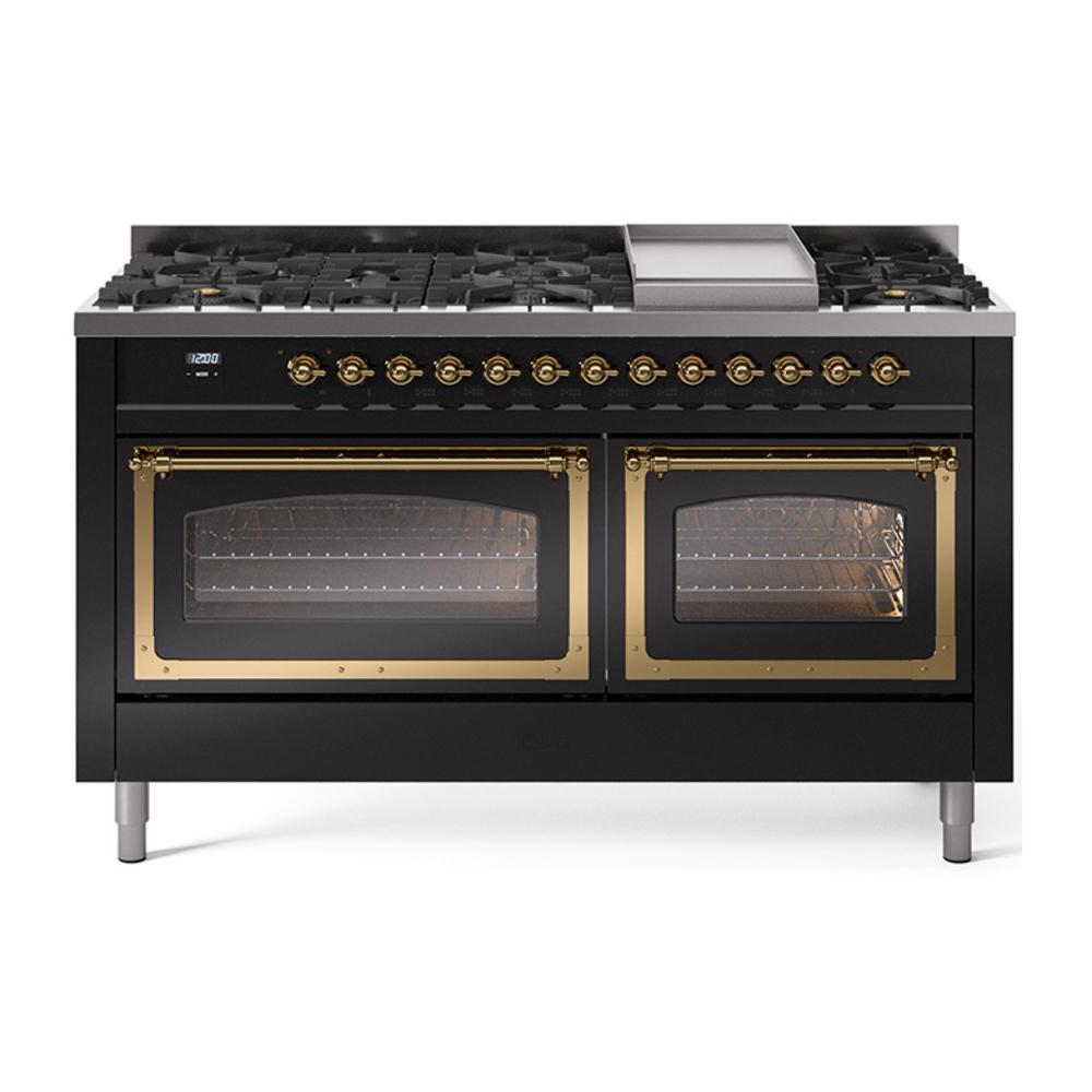 Ilve UN60FNMPBKG Ilve Un60Fnmpbkg Nostalgie Ii Noblesse 60" Dual Fuel Range (9 Sealed Burners + Griddle, Natural Gas, Triple Glass Door, Glossy Black, Brass)