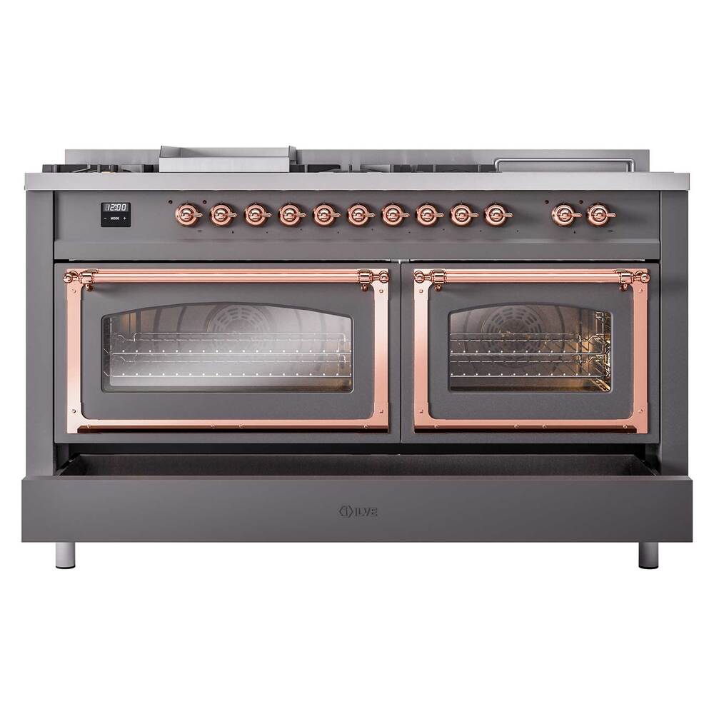Ilve UN60FSNMPMGPLP Ilve Un60Fsnmpmgplp Nostalgie Ii Noblesse 60" Dual Fuel Range (7 Sealed Burners + Griddle + French Top, Liquid Propane, Triple Glass Door, Graphite Matte, Copper)