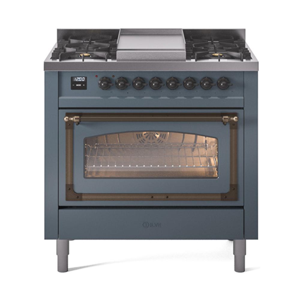 Ilve UN36FNMPBGBLP Ilve Un36Fnmpbgblp Nostalgie Ii Noblesse 36" Dual Fuel Range (Liquid Propane, Triple Glass Door, Blue Grey, Burnished)