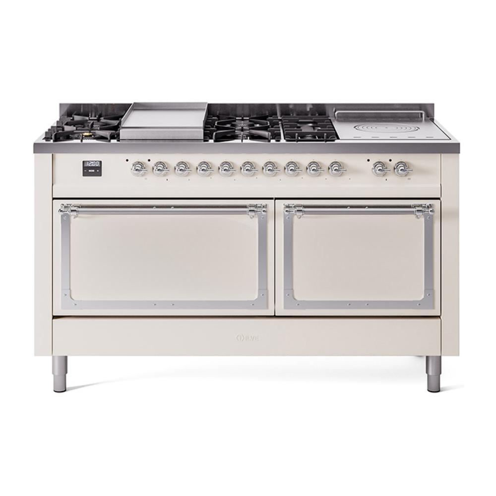 Ilve UN60FSQNMPAWCLP Ilve Un60Fsqnmpawclp Nostalgie Ii Noblesse 60" Dual Fuel Range (7 Sealed Burners + Griddle + French Top, Liquid Propane, Solid Door, Antique White, Chrome)