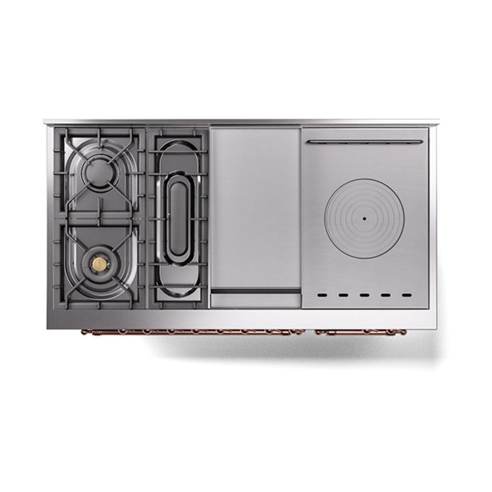 Ilve UN48FSQNMPBKPLP Ilve Un48Fsqnmpbkplp Nostalgie Ii Noblesse 48" Dual Fuel Range (5 Sealed Burners + Griddle + French Top, Liquid Propane, Solid Door, Glossy Black, Copper)