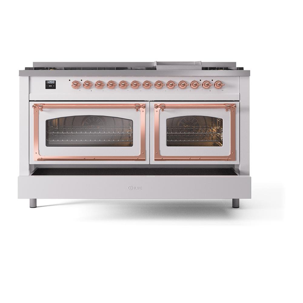 Ilve UN60FNMPWHPLP Ilve Un60Fnmpwhplp Nostalgie Ii Noblesse 60" Dual Fuel Range (9 Sealed Burners + Griddle, Liquid Propane, Triple Glass Door, White, Copper)