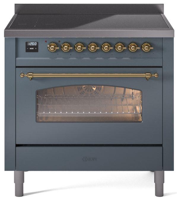 Ilve UPI366NMPBGG Nostalgie Ii 36 Inch Electric Freestanding Range In Blue Grey With Brass Trim