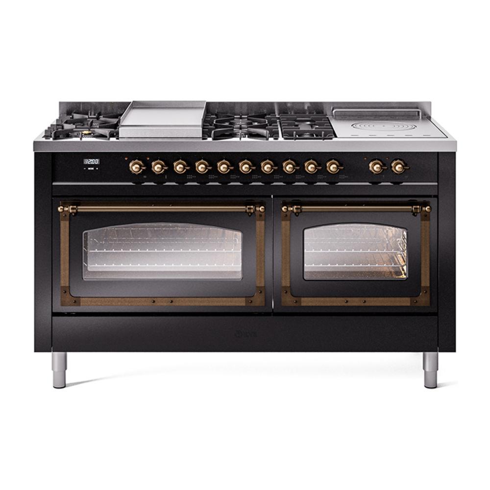 Ilve UN60FSNMPBKB Ilve Un60Fsnmpbkb Nostalgie Ii Noblesse 60" Dual Fuel Range (7 Sealed Burners + Griddle + French Top, Natural Gas, Triple Glass Door, Glossy Black, Burnished)
