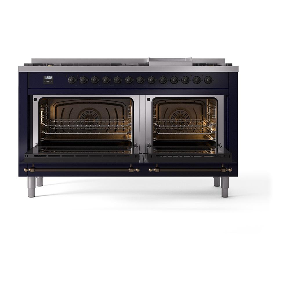 Ilve UN60FNMPMBB Ilve Un60Fnmpmbb Nostalgie Ii Noblesse 60" Dual Fuel Range (9 Sealed Burners + Griddle, Natural Gas, Triple Glass Door, Midnight Blue, Burnished)