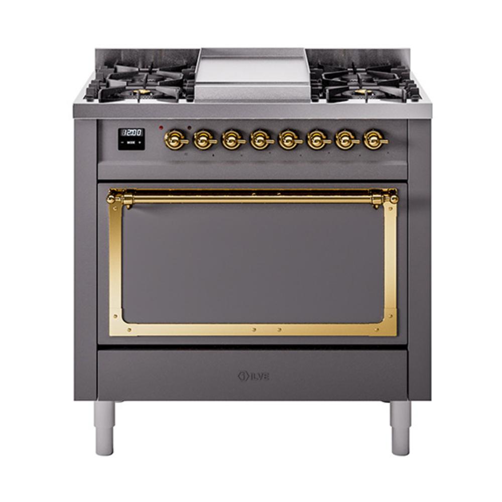 Ilve UN36FQNMPMGG Ilve Un36Fqnmpmgg Nostalgie Ii Noblesse 36" Dual Fuel Range (Natural Gas, Solid Door, Graphite Matte, Brass)