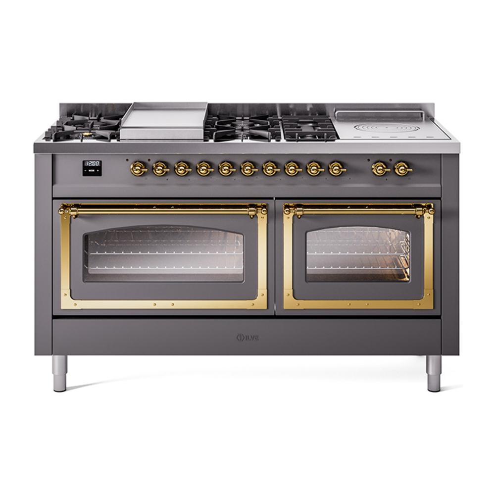 Ilve UN60FSNMPMGGLP Ilve Un60Fsnmpmgglp Nostalgie Ii Noblesse 60" Dual Fuel Range (7 Sealed Burners + Griddle + French Top, Liquid Propane, Triple Glass Door, Graphite Matte, Brass)