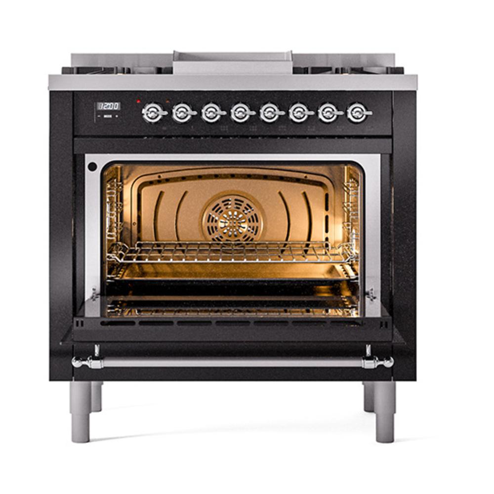 Ilve UN36FQNMPBKC Ilve Un36Fqnmpbkc Nostalgie Ii Noblesse 36" Dual Fuel Range (Natural Gas, Solid Door, Glossy Black, Chrome)