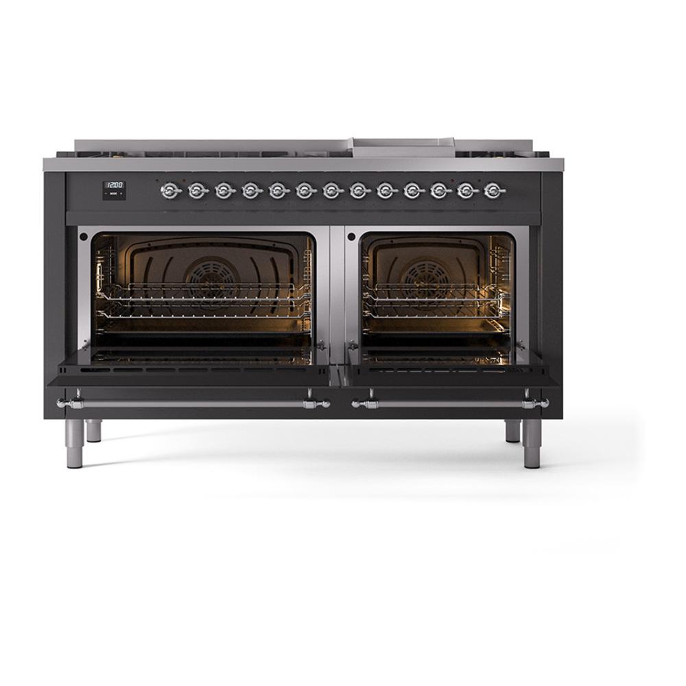 Ilve UN60FNMPMGCLP Ilve Un60Fnmpmgclp Nostalgie Ii Noblesse 60" Dual Fuel Range (9 Sealed Burners + Griddle, Liquid Propane, Triple Glass Door, Graphite Matte, Chrome)