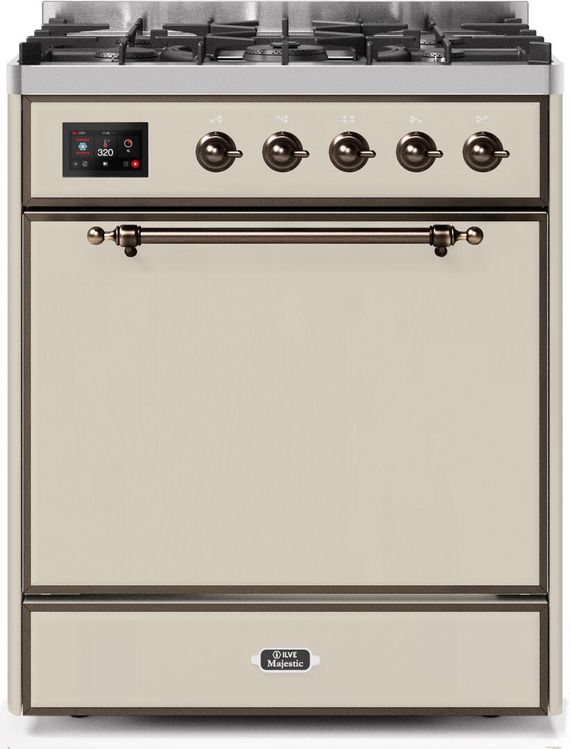 Ilve UM30DQNE3AWBLP Majestic Ii 30 Inch Dual Fuel Liquid Propane Freestanding Range In Antique White With Bronze Trim