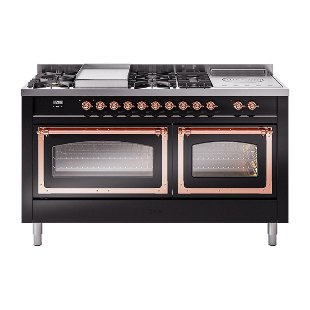Ilve UN60FSNMPBKPLP Ilve Un60Fsnmpbkplp Nostalgie Ii Noblesse 60" Dual Fuel Range (7 Sealed Burners + Griddle + French Top, Liquid Propane, Triple Glass Door, Glossy Black, Copper)