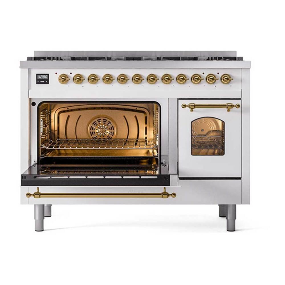 Ilve UP488NMPWHGLP Ilve Up488Nmpwhglp Nostalgie Ii 48 Inch Dual Fuel Range With 8 Total Black Brass Sealed Burners, Brass Trim (Limited Edition) (Liquid Propane, White)