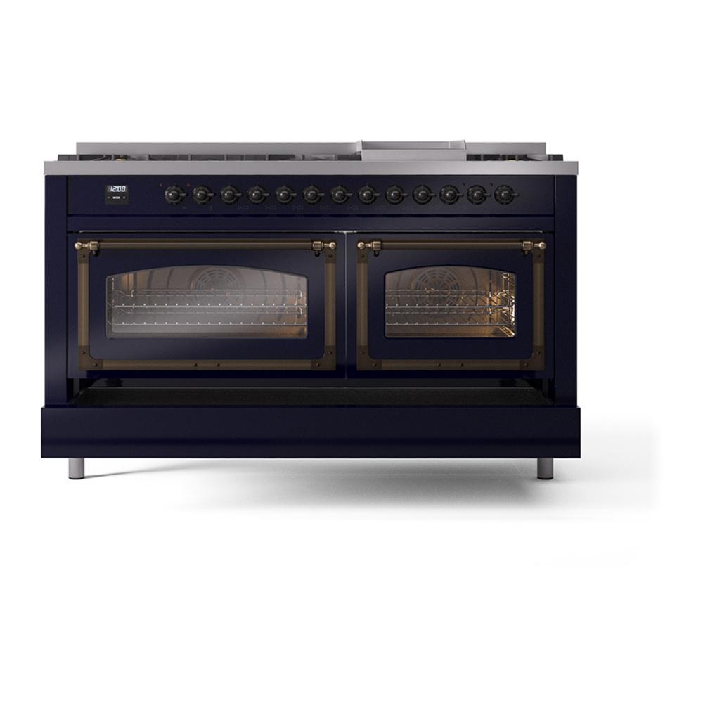 Ilve UN60FNMPMBB Ilve Un60Fnmpmbb Nostalgie Ii Noblesse 60" Dual Fuel Range (9 Sealed Burners + Griddle, Natural Gas, Triple Glass Door, Midnight Blue, Burnished)