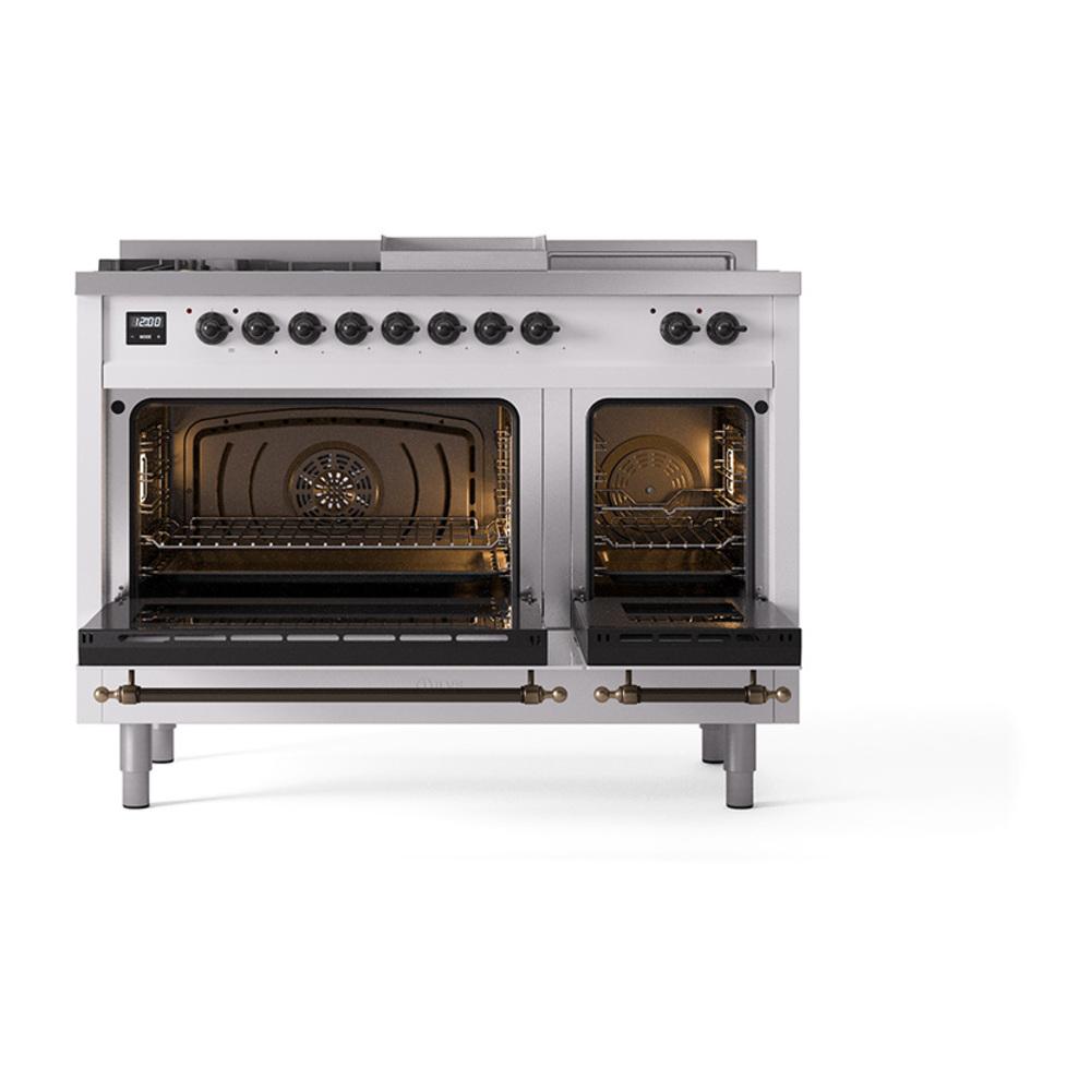 Ilve UN48FSQNMPWHBLP Ilve Un48Fsqnmpwhblp Nostalgie Ii Noblesse 48" Dual Fuel Range (5 Sealed Burners + Griddle + French Top, Liquid Propane, Solid Door, White, Burnished)
