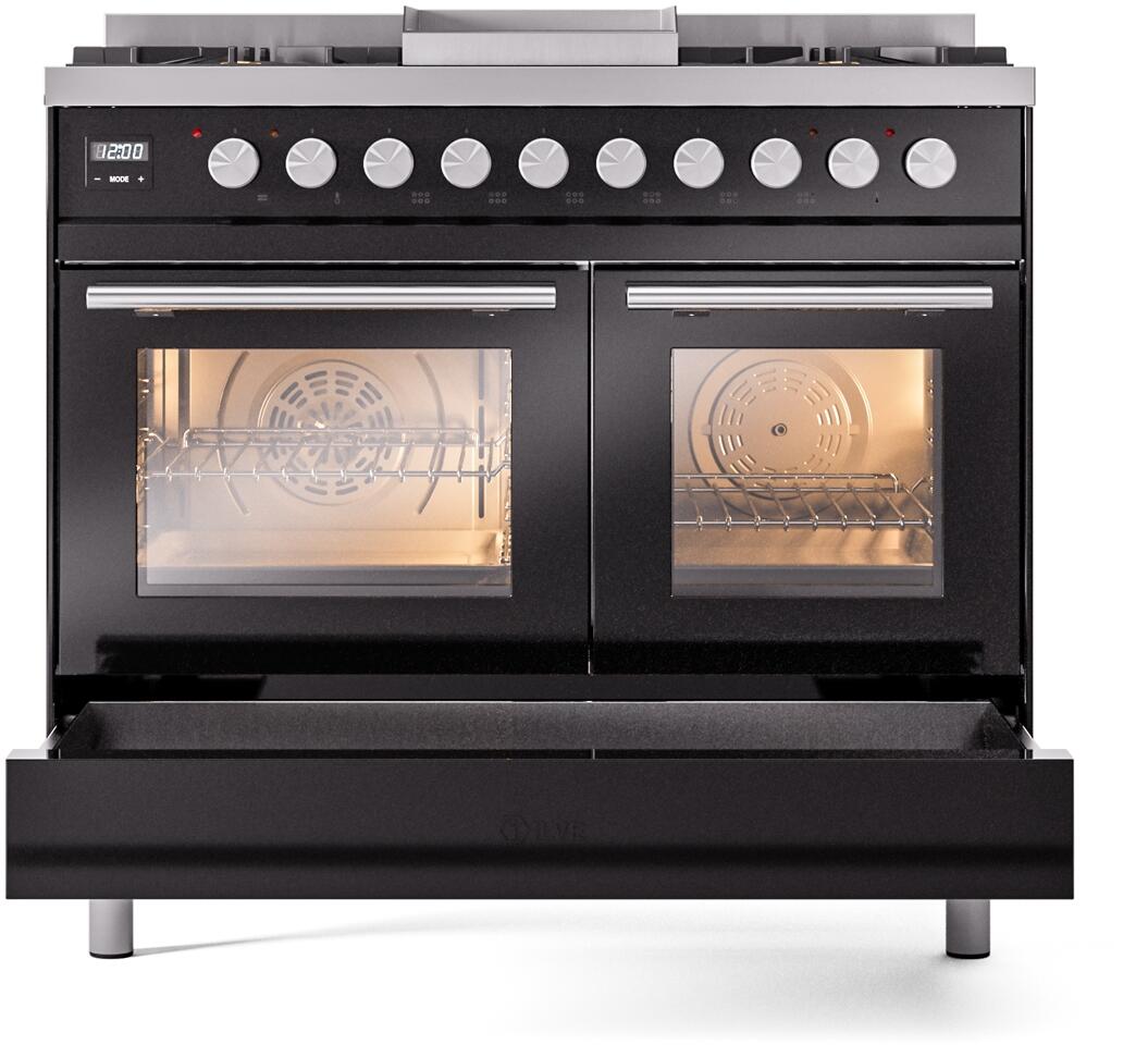 Ilve UPD40FWMPBK Professional Plus Ii 40 Inch Dual Fuel Natural Gas Freestanding Range In Glossy Black With Trim