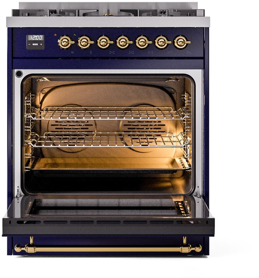 Ilve UP30NMPMBG Nostalgie Ii 30 Inch Dual Fuel Natural Gas Freestanding Range In Blue With Brass Trim