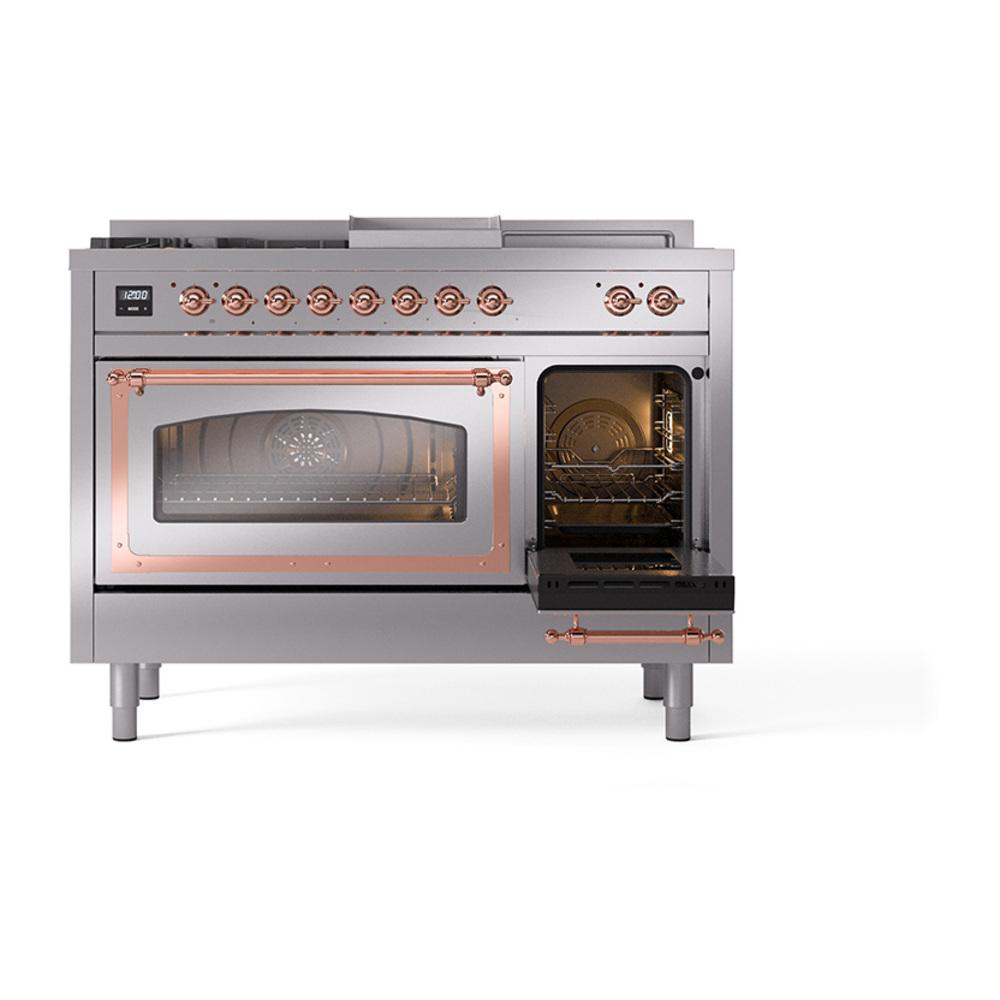 Ilve UN48FSNMPSSPLP Ilve Un48Fsnmpssplp Nostalgie Ii Noblesse 48" Dual Fuel Range (5 Sealed Burners + Griddle + French Top, Liquid Propane, Triple Glass Door, Stainless Steel, Copper)