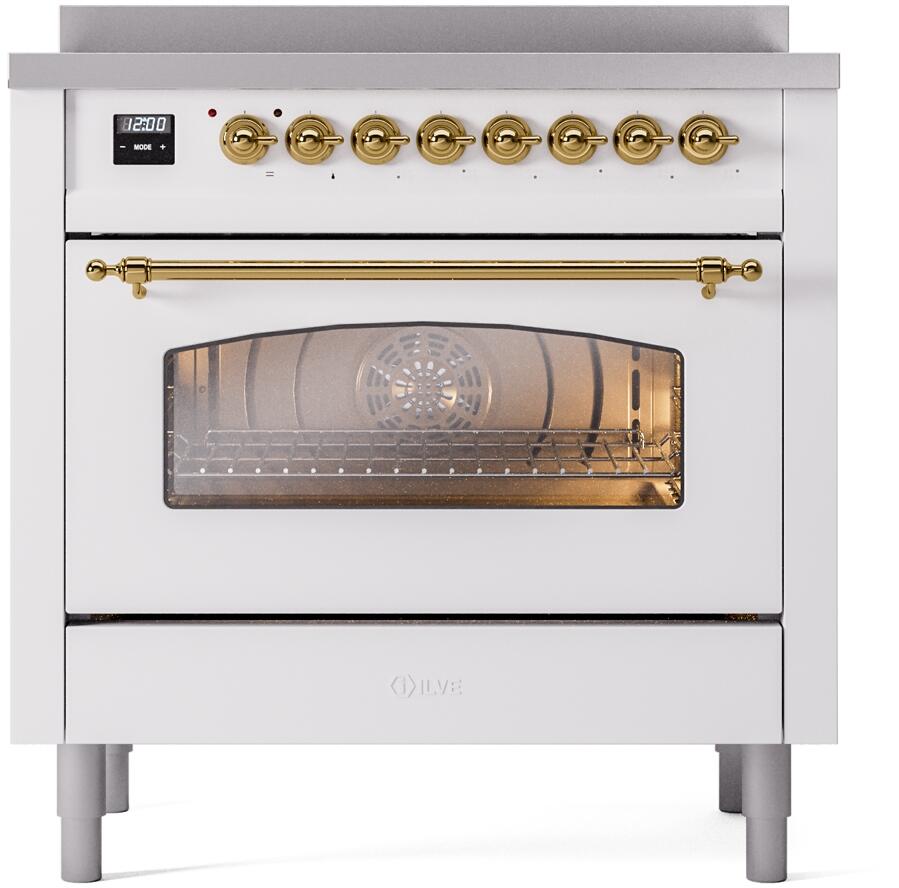 Ilve UPI366NMPWHG Nostalgie Ii 36 Inch Electric Freestanding Range In White With Brass Trim