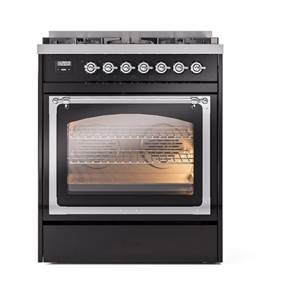 Ilve UN30NMPBKC Ilve Un30Nmpbkc Nostalgie Ii Noblesse 30" Dual Fuel Range (Natural Gas, Triple Glass Door, Glossy Black, Chrome)