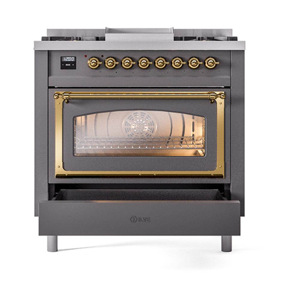 Ilve UN36FNMPMGG Ilve Un36Fnmpmgg Nostalgie Ii Noblesse 36" Dual Fuel Range (Natural Gas, Triple Glass Door, Graphite Matte, Brass)