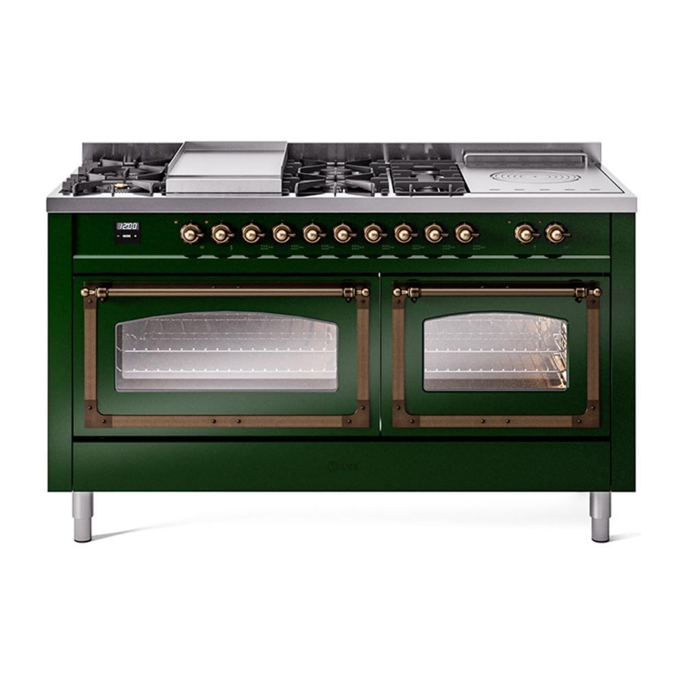 Ilve UN60FSNMPEGB Ilve Un60Fsnmpegb Nostalgie Ii Noblesse 60" Dual Fuel Range (7 Sealed Burners + Griddle + French Top, Natural Gas, Triple Glass Door, Emerald Green, Burnished)