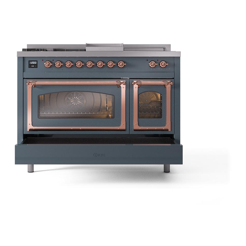 Ilve UN48FSNMPBGPLP Ilve Un48Fsnmpbgplp Nostalgie Ii Noblesse 48" Dual Fuel Range (5 Sealed Burners + Griddle + French Top, Liquid Propane, Triple Glass Door, Blue Grey, Copper)