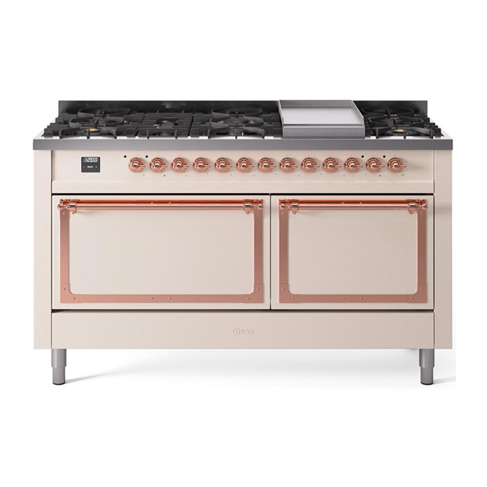 Ilve UN60FQNMPAWPLP Ilve Un60Fqnmpawplp Nostalgie Ii Noblesse 60" Dual Fuel Range (9 Sealed Burners + Griddle, Liquid Propane, Solid Door, Antique White, Copper)