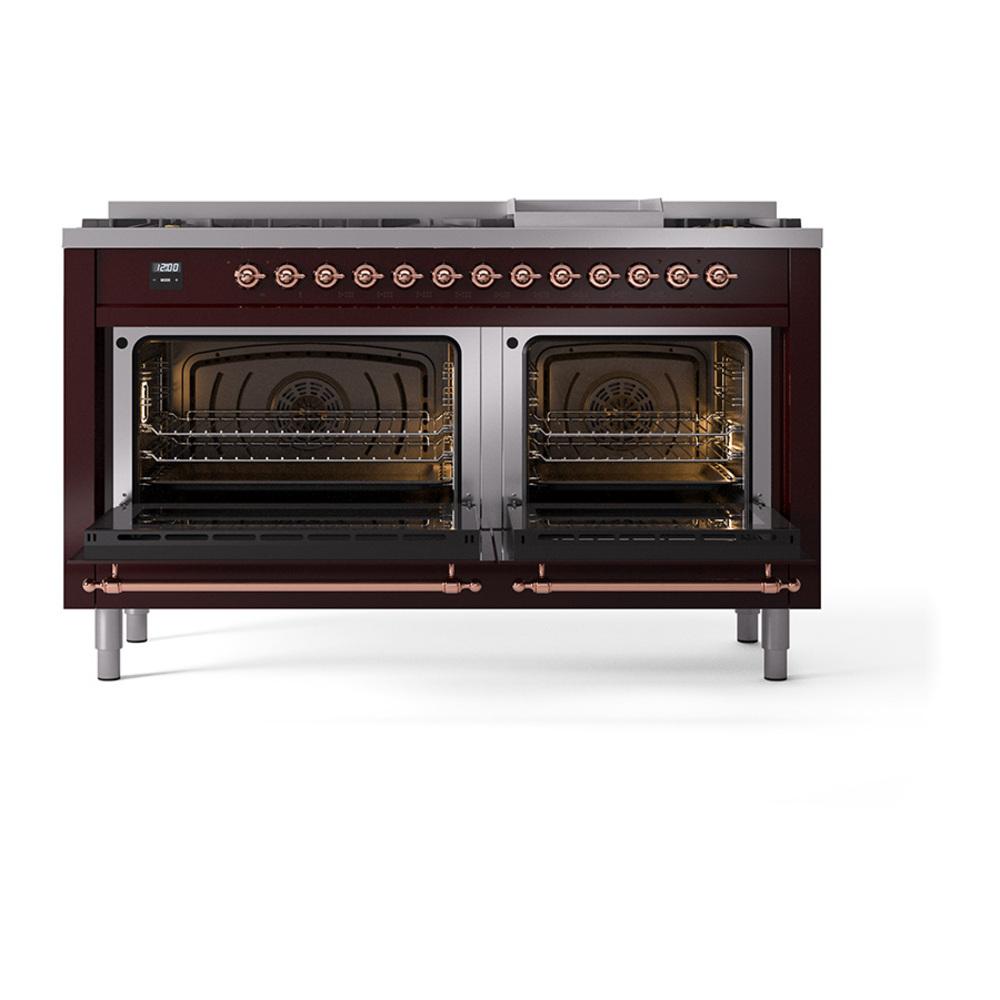 Ilve UN60FQNMPBUPLP Ilve Un60Fqnmpbuplp Nostalgie Ii Noblesse 60" Dual Fuel Range (9 Sealed Burners + Griddle, Liquid Propane, Solid Door, Burgundy, Copper)