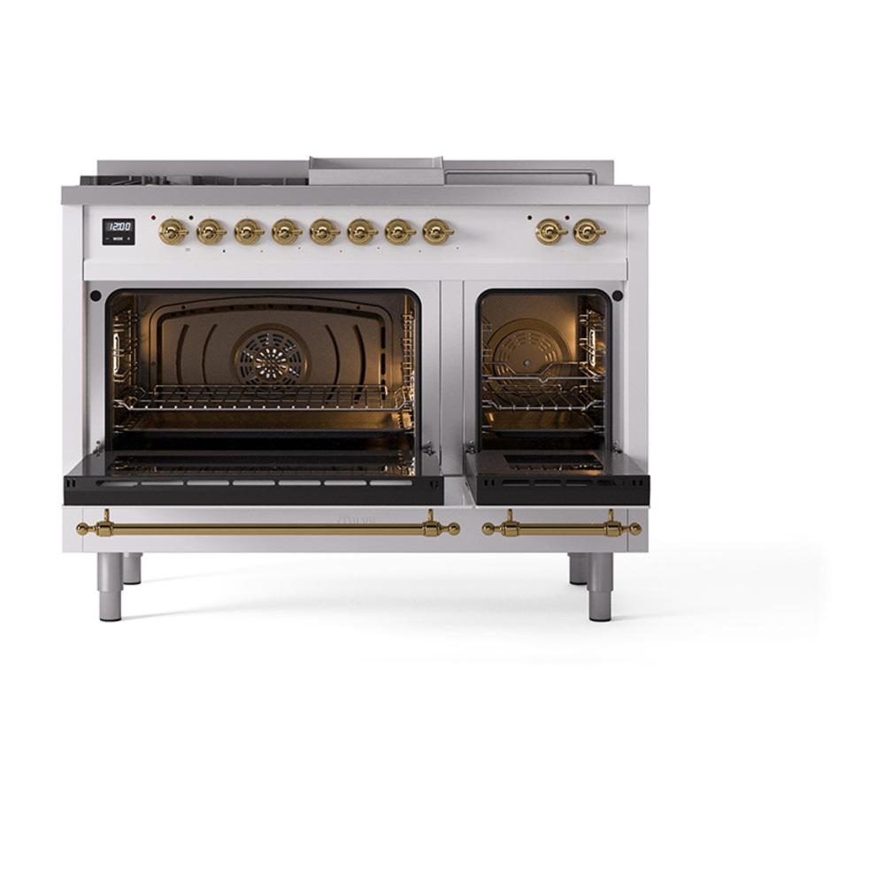 Ilve UN48FSNMPWHGLP Ilve Un48Fsnmpwhglp Nostalgie Ii Noblesse 48" Dual Fuel Range (5 Sealed Burners + Griddle + French Top, Liquid Propane, Triple Glass Door, White, Brass)