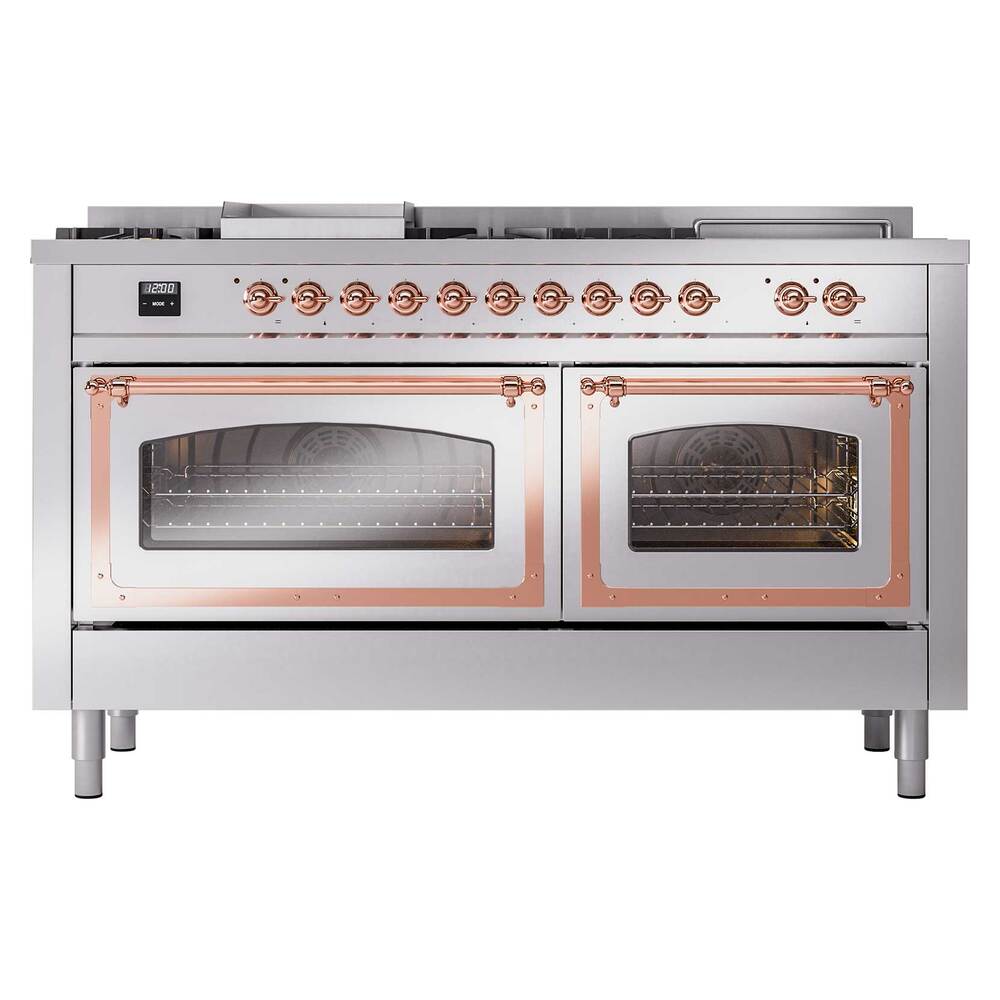 Ilve UN60FSNMPSSPLP Ilve Un60Fsnmpssplp Nostalgie Ii Noblesse 60" Dual Fuel Range (7 Sealed Burners + Griddle + French Top, Liquid Propane, Triple Glass Door, Stainless Steel, Copper)