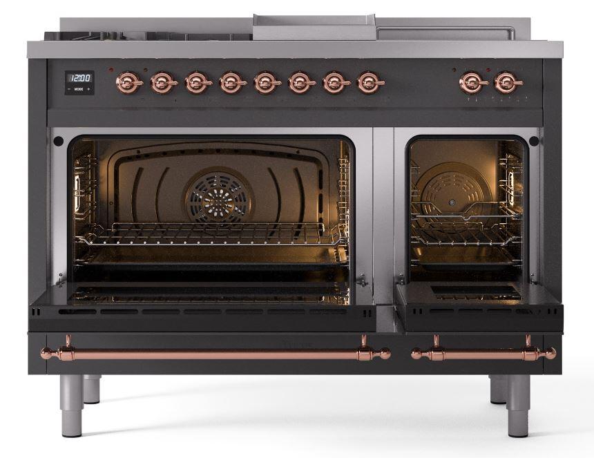 Ilve UP48FSNMPMGPLP Nostalgie Ii 48 Inch Dual Fuel Liquid Propane Freestanding Range In Matte Graphite With Copper Trim