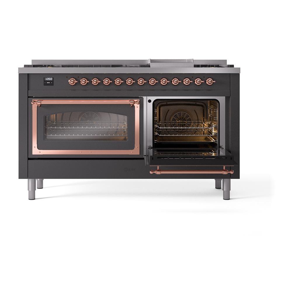 Ilve UN60FNMPMGP Ilve Un60Fnmpmgp Nostalgie Ii Noblesse 60" Dual Fuel Range (9 Sealed Burners + Griddle, Natural Gas, Triple Glass Door, Graphite Matte, Copper)