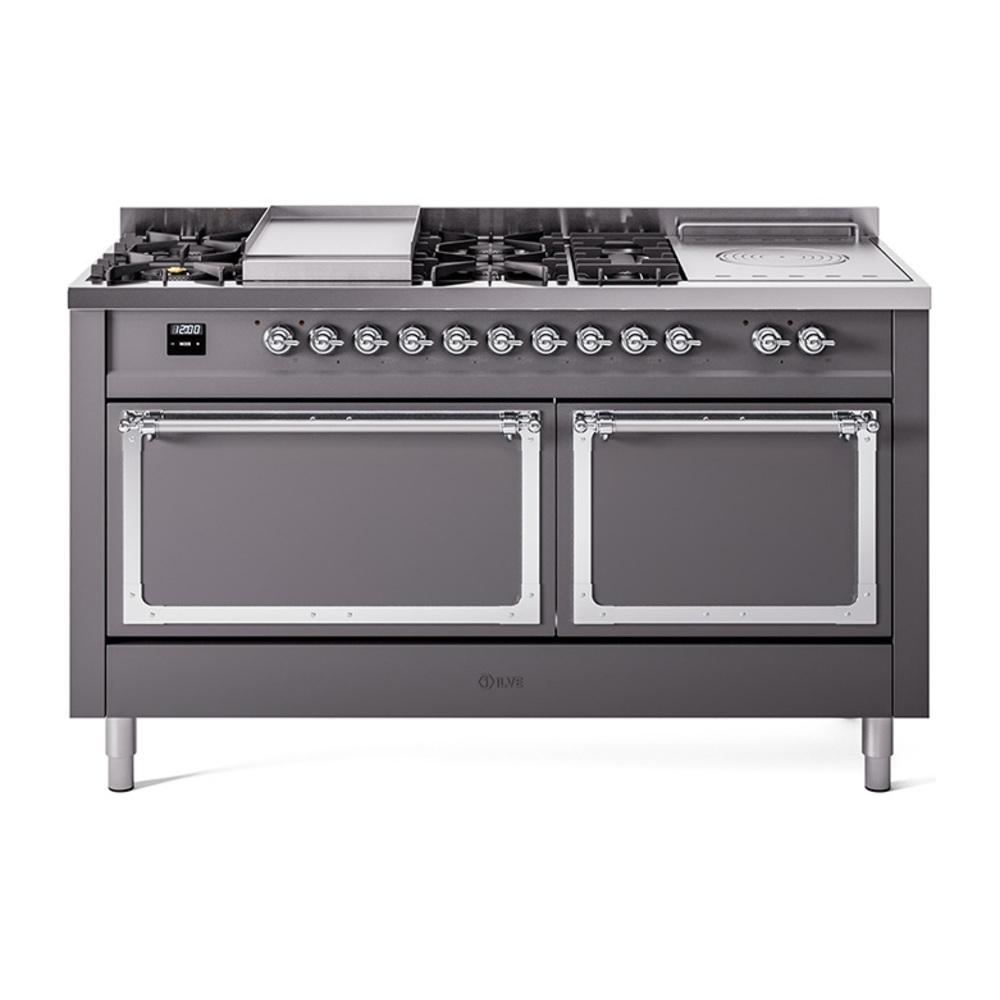 Ilve UN60FSQNMPMGCLP Ilve Un60Fsqnmpmgclp Nostalgie Ii Noblesse 60" Dual Fuel Range (7 Sealed Burners + Griddle + French Top, Liquid Propane, Solid Door, Graphite Matte, Chrome)