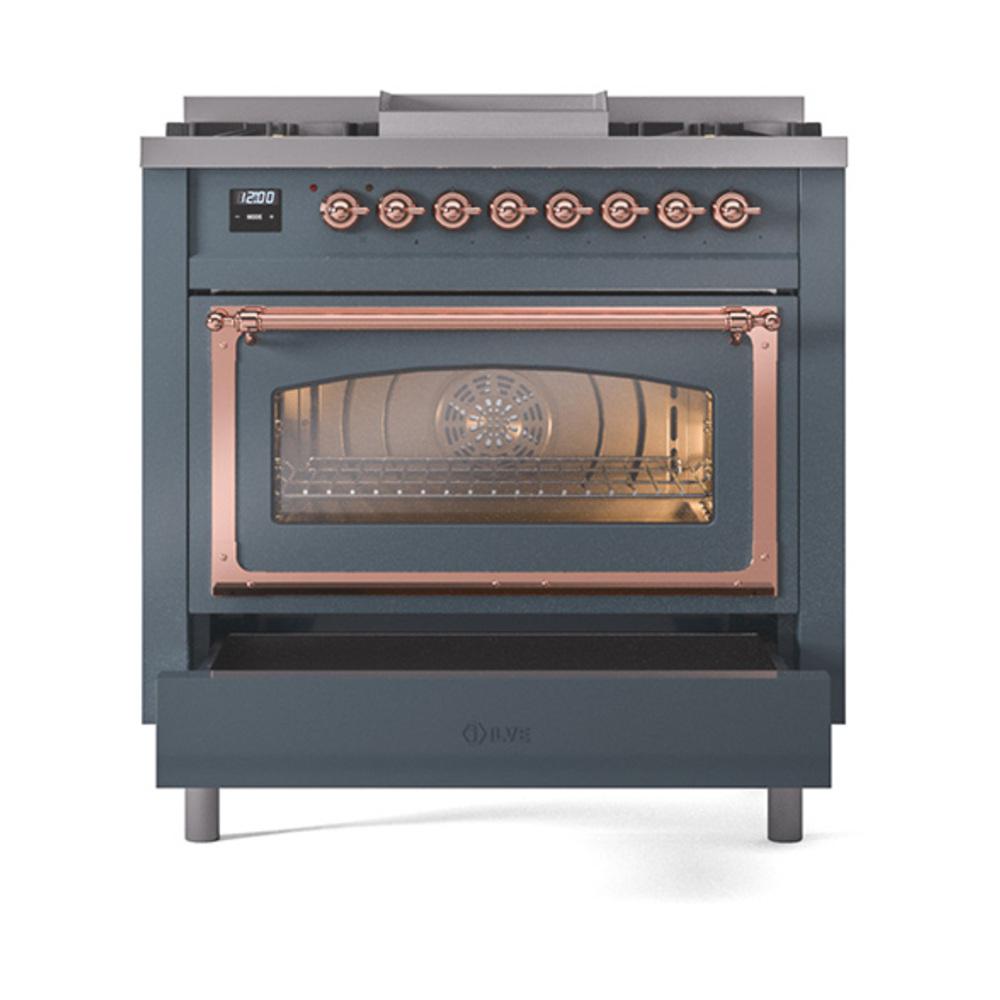 Ilve UN36FNMPBGP Ilve Un36Fnmpbgp Nostalgie Ii Noblesse 36" Dual Fuel Range (Natural Gas, Triple Glass Door, Blue Grey, Copper)