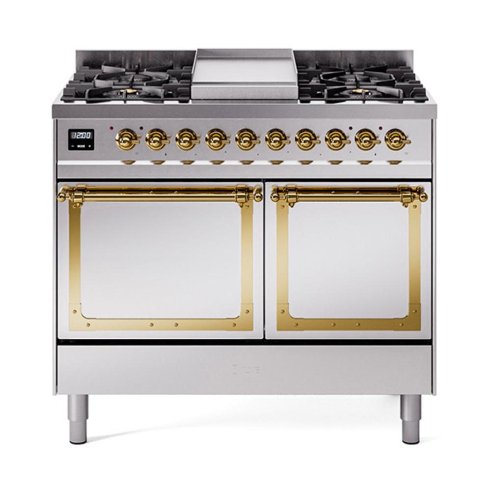 Ilve UND40FQNMPSSG Ilve Und40Fqnmpssg Nostalgie Ii Noblesse 40" Dual Fuel Range (Natural Gas, Solid Door, Stainless Steel, Brass)