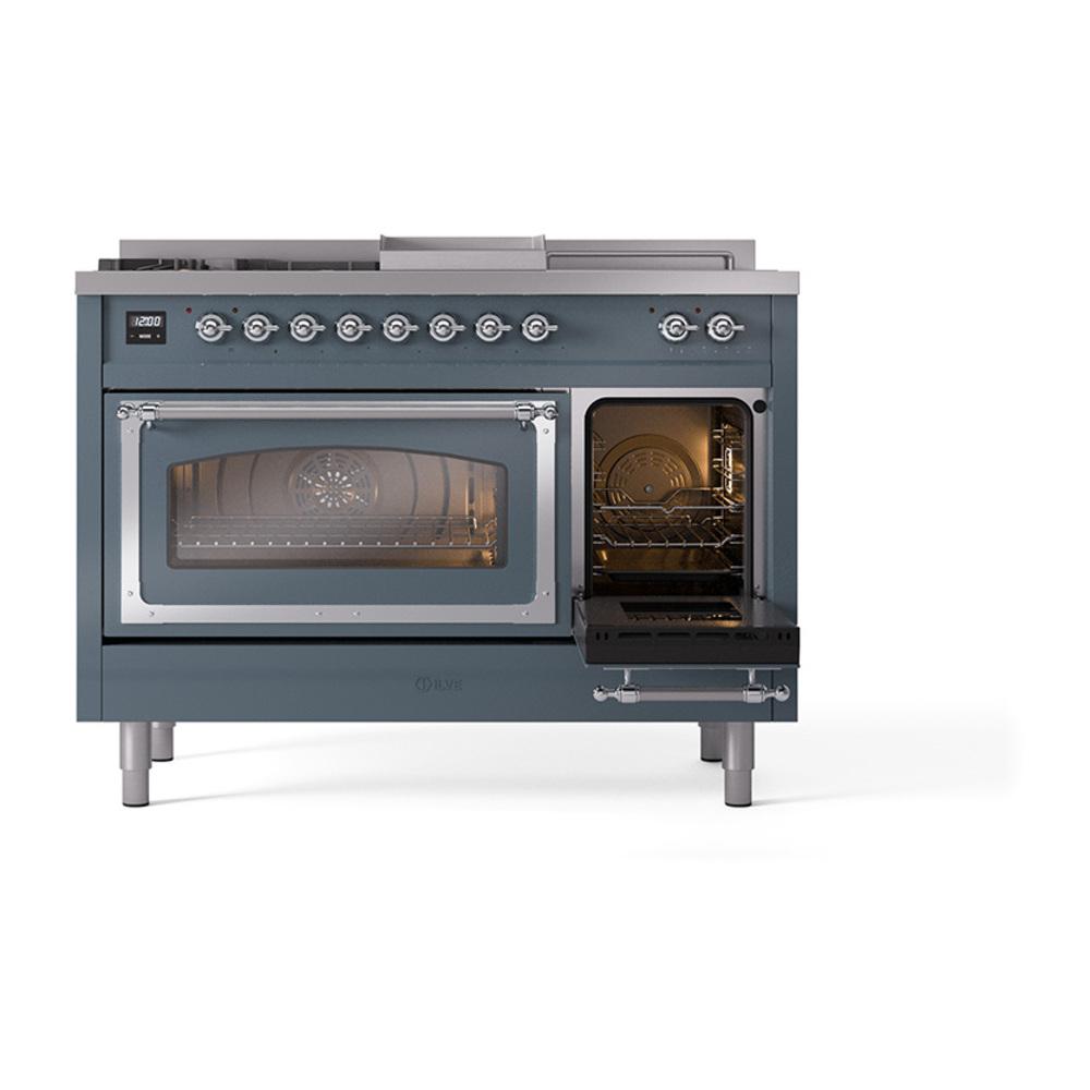 Ilve UN48FSNMPBGCLP Ilve Un48Fsnmpbgclp Nostalgie Ii Noblesse 48" Dual Fuel Range (5 Sealed Burners + Griddle + French Top, Liquid Propane, Triple Glass Door, Blue Grey, Chrome)