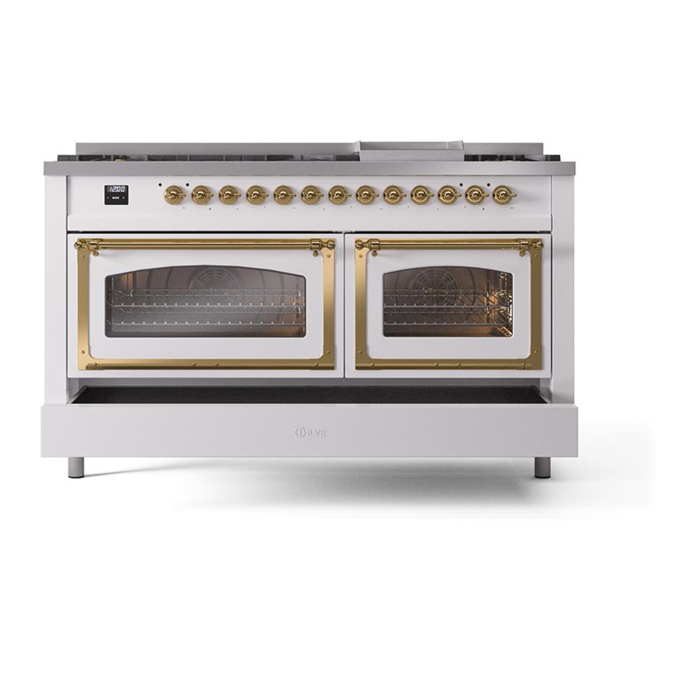 Ilve UN60FNMPWHGLP Ilve Un60Fnmpwhglp Nostalgie Ii Noblesse 60" Dual Fuel Range (9 Sealed Burners + Griddle, Liquid Propane, Triple Glass Door, White, Brass)