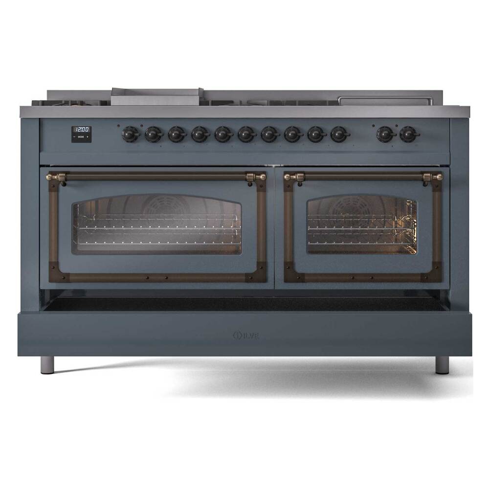 Ilve UN60FSNMPBGB Ilve Un60Fsnmpbgb Nostalgie Ii Noblesse 60" Dual Fuel Range (7 Sealed Burners + Griddle + French Top, Natural Gas, Triple Glass Door, Blue Grey, Burnished)