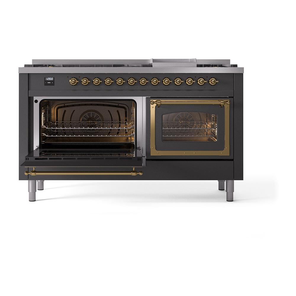 Ilve UN60FNMPMGG Ilve Un60Fnmpmgg Nostalgie Ii Noblesse 60" Dual Fuel Range (9 Sealed Burners + Griddle, Natural Gas, Triple Glass Door, Graphite Matte, Brass)