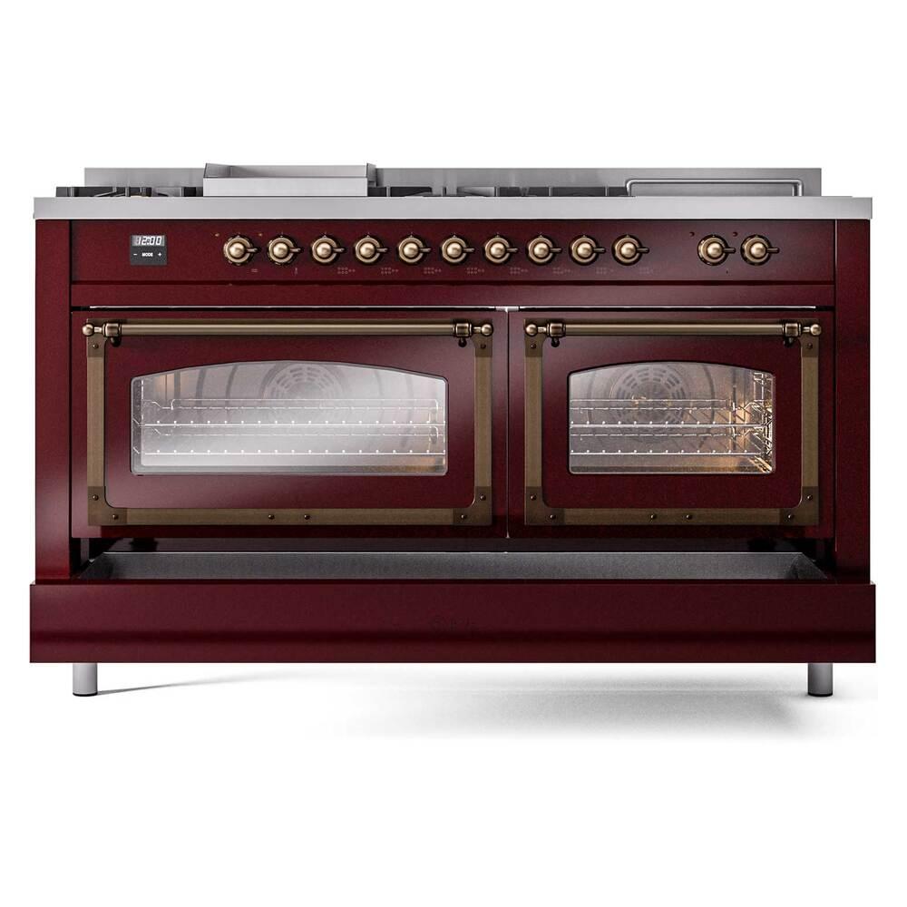Ilve UN60FSNMPBUBLP Ilve Un60Fsnmpbublp Nostalgie Ii Noblesse 60" Dual Fuel Range (7 Sealed Burners + Griddle + French Top, Liquid Propane, Triple Glass Door, Burgundy, Burnished)