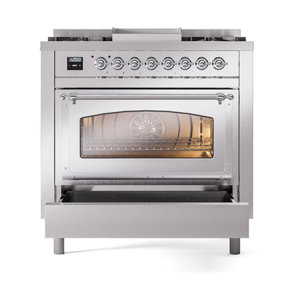 Ilve UN36FNMPSSC Ilve Un36Fnmpssc Nostalgie Ii Noblesse 36" Dual Fuel Range (Natural Gas, Triple Glass Door, Stainless Steel, Chrome)