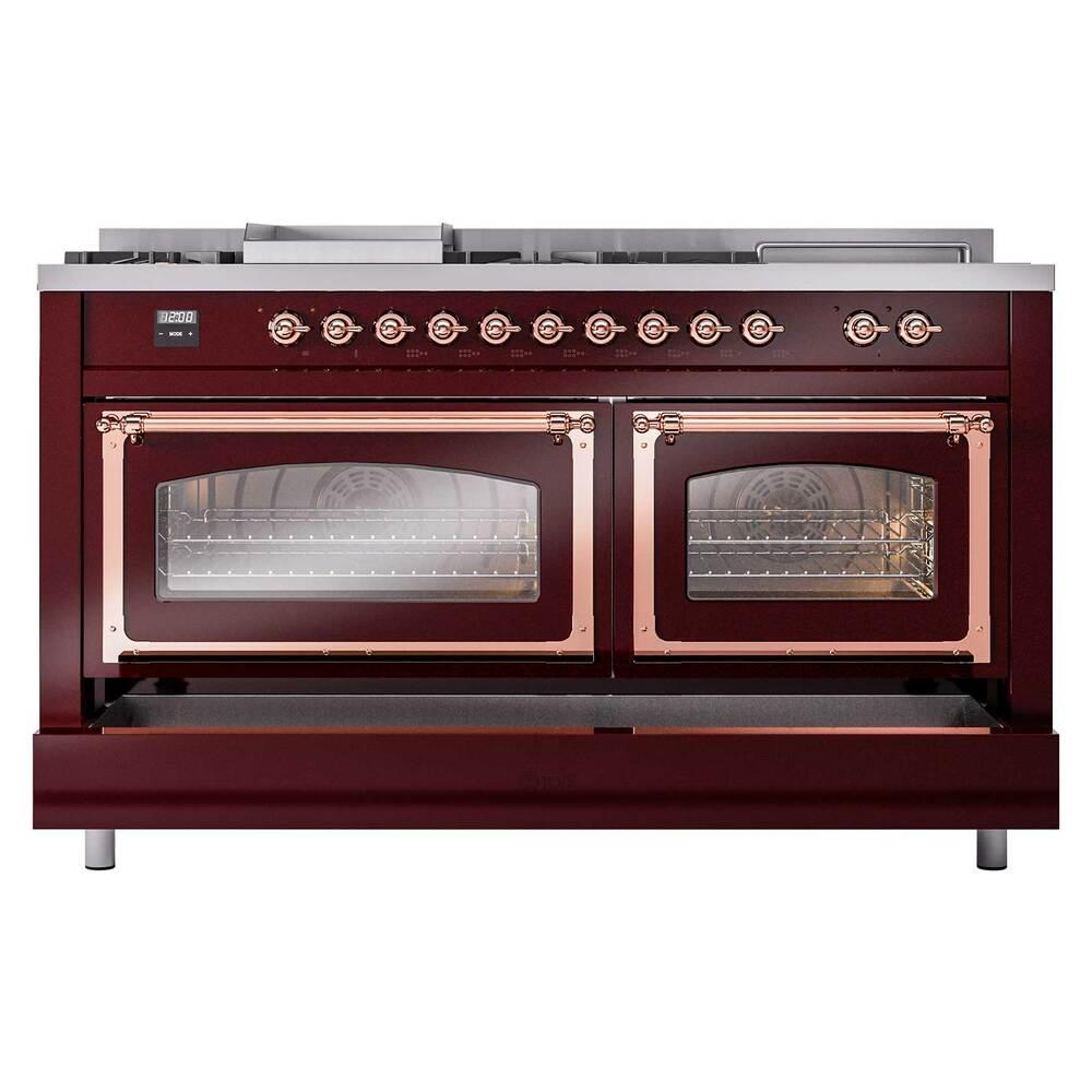 Ilve UN60FSNMPBUPLP Ilve Un60Fsnmpbuplp Nostalgie Ii Noblesse 60" Dual Fuel Range (7 Sealed Burners + Griddle + French Top, Liquid Propane, Triple Glass Door, Burgundy, Copper)