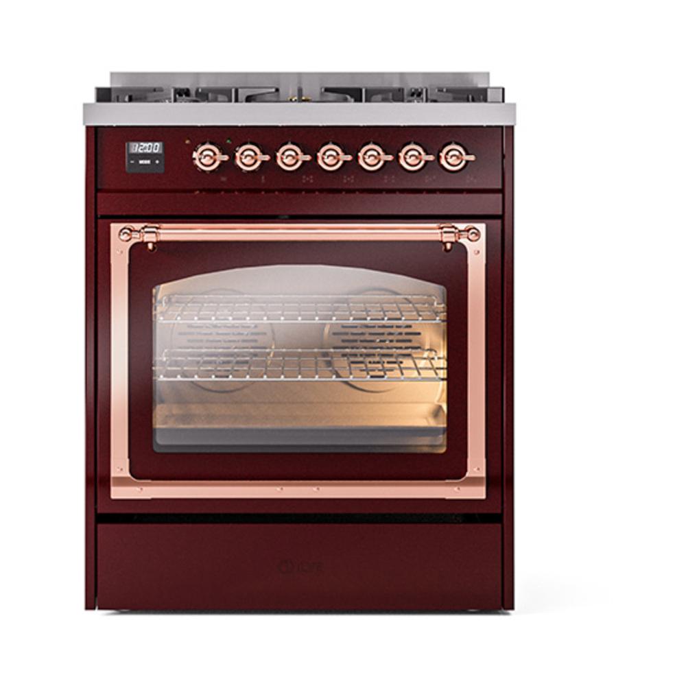Ilve UN30NMPBUPLP Ilve Un30Nmpbuplp Nostalgie Ii Noblesse 30" Dual Fuel Range (Liquid Propane, Triple Glass Door, Burgundy, Copper)