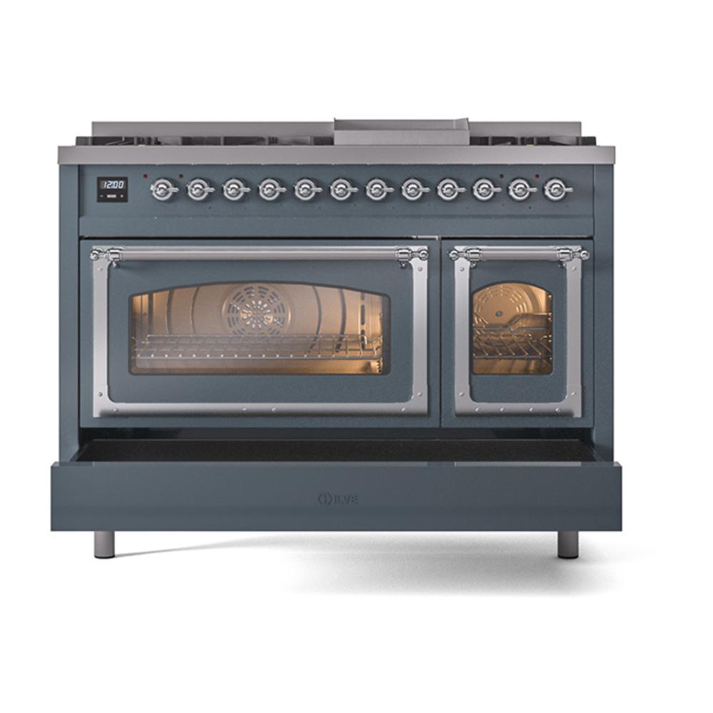 Ilve UN48FNMPBGCLP Ilve Un48Fnmpbgclp Nostalgie Ii Noblesse 48" Dual Fuel Range (8 Sealed Burners + Griddle, Liquid Propane, Triple Glass Door, Blue Grey, Chrome)
