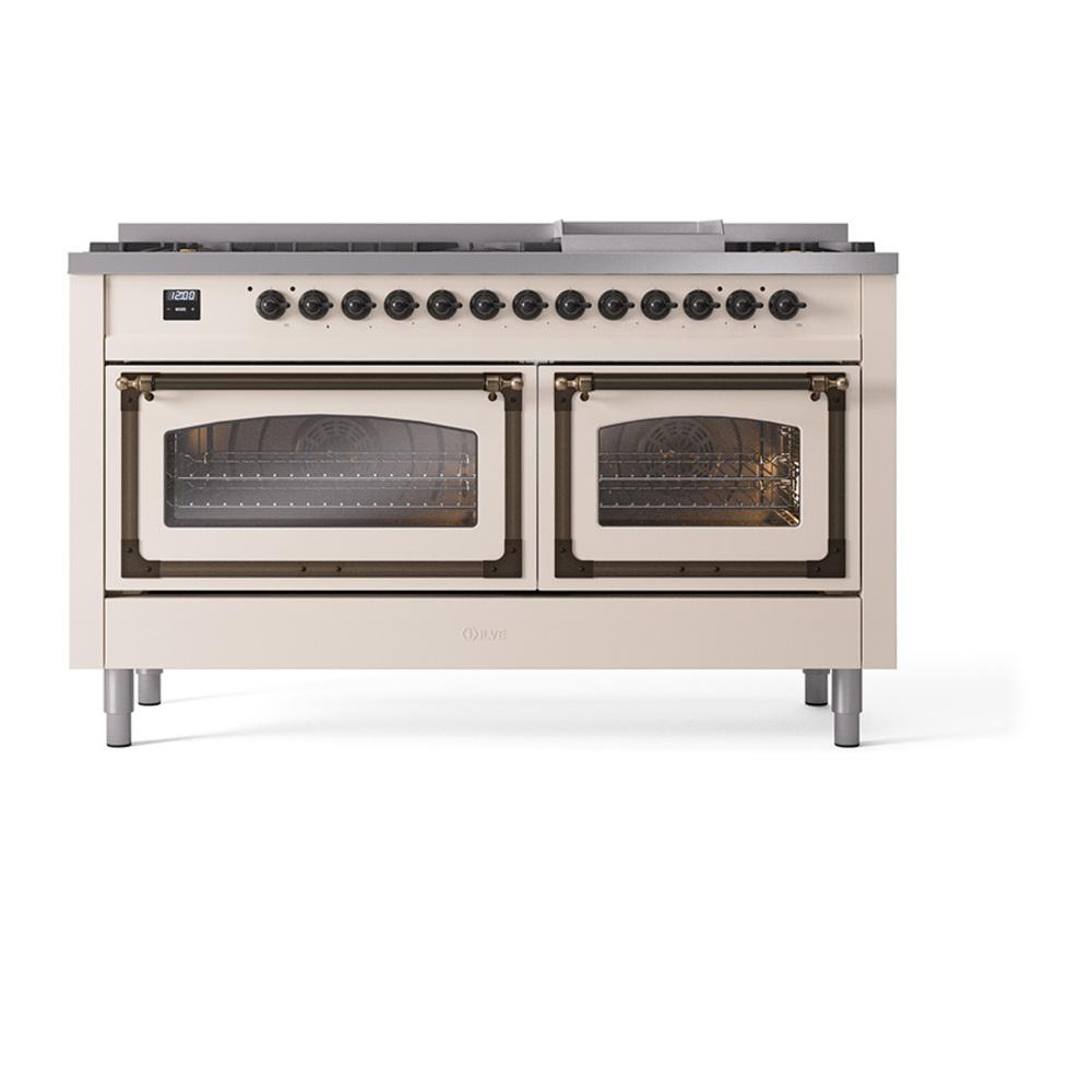 Ilve UN60FNMPAWB Ilve Un60Fnmpawb Nostalgie Ii Noblesse 60" Dual Fuel Range (9 Sealed Burners + Griddle, Natural Gas, Triple Glass Door, Antique White, Burnished)