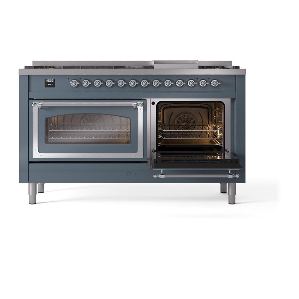 Ilve UN60FNMPBGCLP Ilve Un60Fnmpbgclp Nostalgie Ii Noblesse 60" Dual Fuel Range (9 Sealed Burners + Griddle, Liquid Propane, Triple Glass Door, Blue Grey, Chrome)