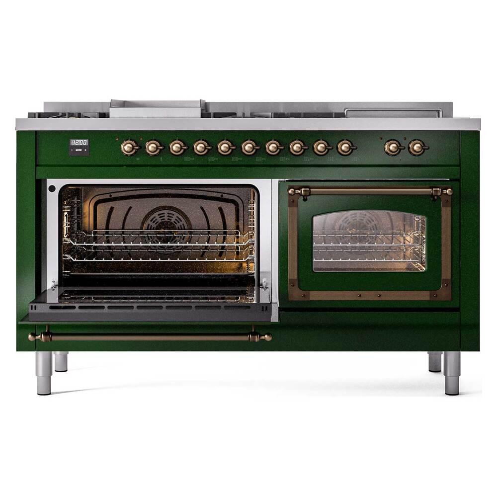 Ilve UN60FSNMPEGBLP Ilve Un60Fsnmpegblp Nostalgie Ii Noblesse 60" Dual Fuel Range (7 Sealed Burners + Griddle + French Top, Liquid Propane, Triple Glass Door, Emerald Green, Burnished)