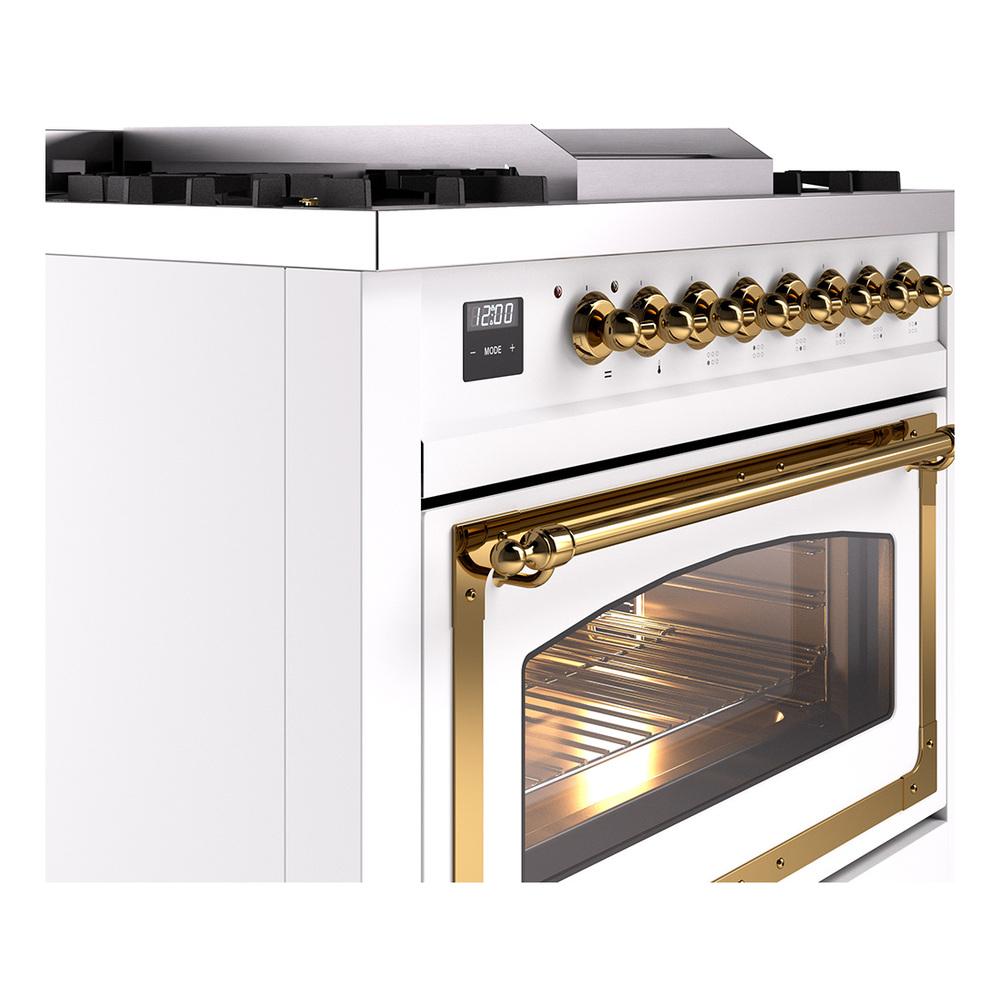 Ilve UN36FNMPWHG Ilve Un36Fnmpwhg Nostalgie Ii Noblesse 36" Dual Fuel Range (Natural Gas, Triple Glass Door, White, Brass)