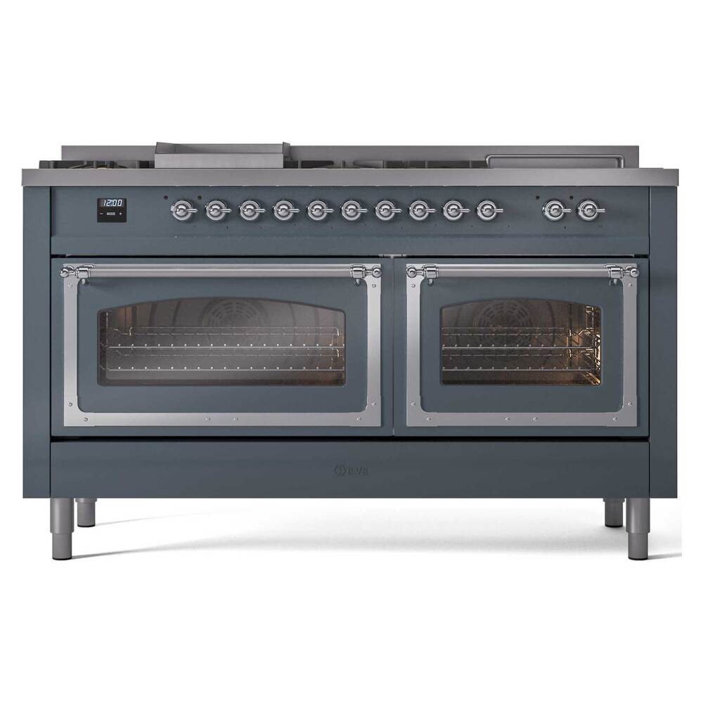 Ilve UN60FSNMPBGCLP Ilve Un60Fsnmpbgclp Nostalgie Ii Noblesse 60" Dual Fuel Range (7 Sealed Burners + Griddle + French Top, Liquid Propane, Triple Glass Door, Blue Grey, Chrome)